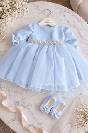 ROCHITE BOTEZ FETITE - Rochie elegantă Azzura  pentru fetițe din organza premium și tafta, cu perle