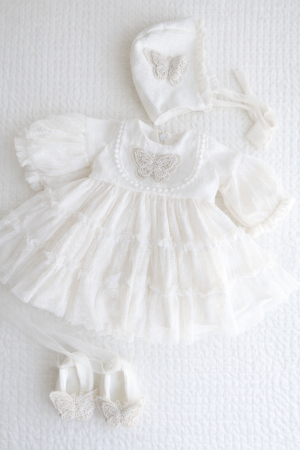 PRIMA ANIVERSARE - Rochie elegantă pentru botez fetiță din stofă moale, tul și dantelă Chantilly