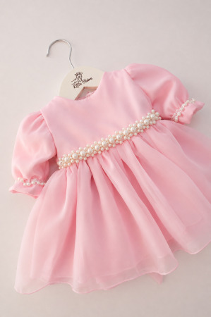 ROCHITE BOTEZ FETITE - Rochiță Botez Fetiță Roz din Tafta și Organza cu Perle și Fundă Max