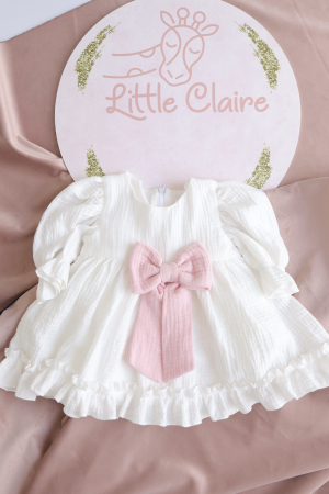 Rochiță botez și ocazie din muselină cu fundiță roz – Little Claire [2]
