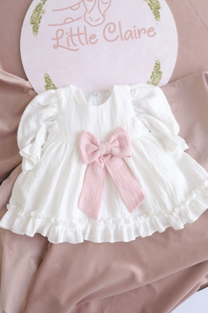 Rochiță botez și ocazie din muselină cu fundiță roz – Little Claire [1]