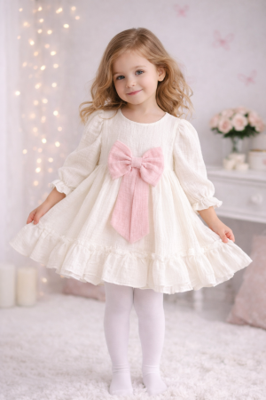 ROCHITE ELEGANTE FETE - Rochiță botez și ocazie din muselină cu fundiță roz – Little Claire