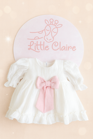 BOTEZ FETIȚE - Rochiță botez și ocazie din muselină cu fundiță roz – Little Claire