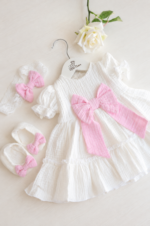 ROCHITE BOTEZ FETITE - Rochiță botez și ocazie din muselină cu fundiță roz – Little Claire