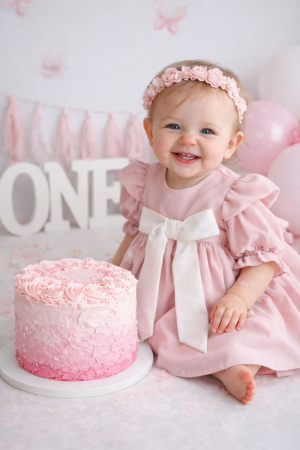 PRIMA ANIVERSARE - Rochita aniversare roz pudra cu fundita personalizabila