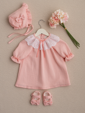 PRIMA ANIVERSARE - Rochita botez  Rosalie-din muselină, cu dantelă din bumbac și căptușeală din bumbac