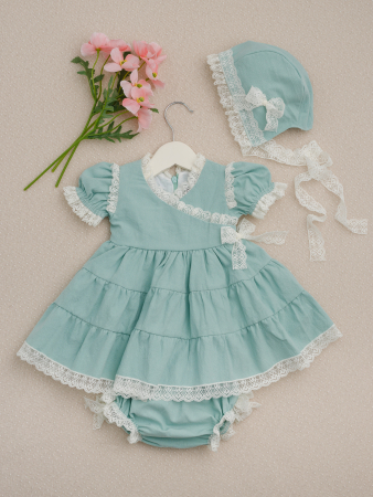 ROCHITE BOTEZ FETITE - Rochița Madeleine| Rochiță de botez verde mentă din bumbac premium | Little Claire