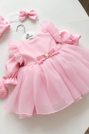 ROCHITE BOTEZ FETITE - Rochiță de botez Rosaline Pink – tafta și organza premium, cu perle