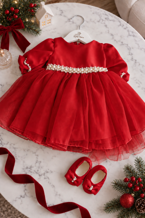 ROCHITE BOTEZ FETITE - Rochie roșie elegantă pentru fetițe din tafta și organza cu perle