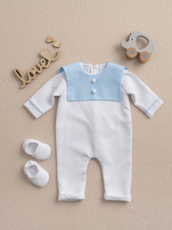 PRIMA ANIVERSARE - Salopetă băiețel botez Aris, căptușită cu bumbac, guler personalizabil