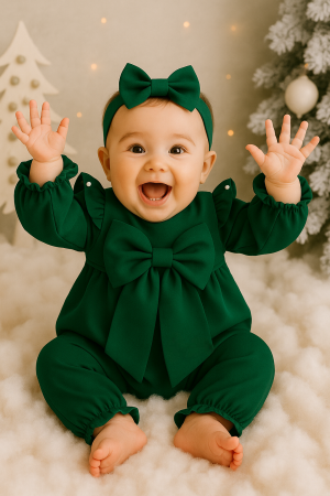 CRACIUN FETITA - Salopeta Green Fairy cu fundita personalizabila