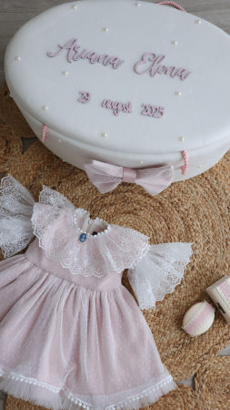 Trusou botez fetiță Agatha roz pudra – rochiță + set complet din muselina by Little Claire [3]