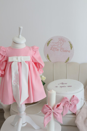 TRUSOURI BOTEZ FETITE - set botez fetita personalizat Lidia- Rochiță Roz și Trusou Complet Elegant cu lumanare