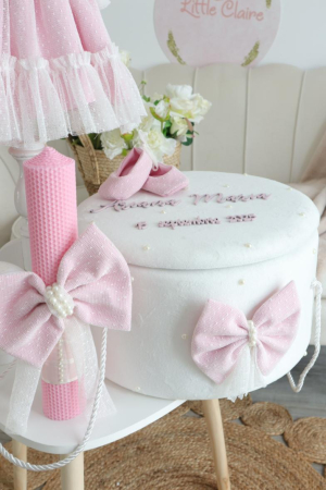 Set botez fetiță roz pudră – Rochiță elegantă, cufăr decorat și trusou muselină | Little Claire [2]