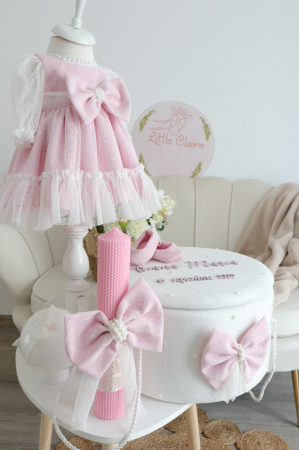 Set botez fetiță roz pudră – Rochiță elegantă, cufăr decorat și trusou muselină | Little Claire [5]