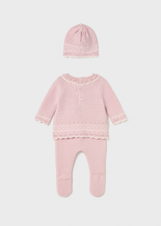 Set cadou bebelus pulover, pantalonasi cu botosei si caciulita roz [3]