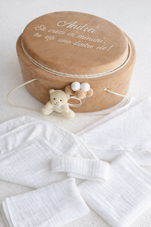 TRUSOURI BOTEZ BAIETEI - Trusou botez baietel decor ursulet si baloane, nuanta crem