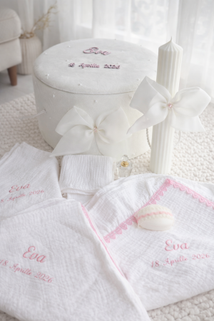 BOTEZ FETIȚE - Trusou botez fetita Talia - personalizat, continut muselina