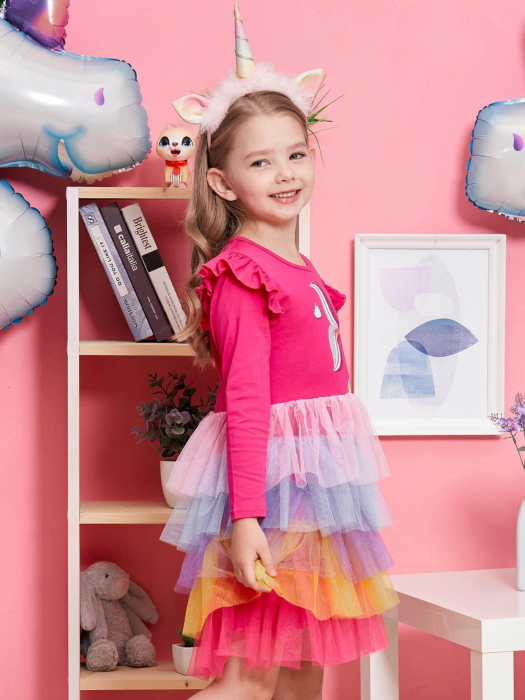 Rochie fucsia cu fusta din tulle cu volane colorate [4]