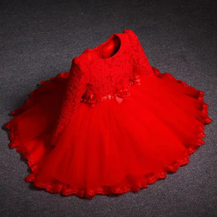 Rochie rosie de ocazie cu broderie si funda [2]