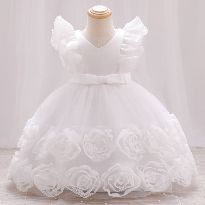 Rochie alba de ocazie cu volane, broderie si fundita in talie [2]