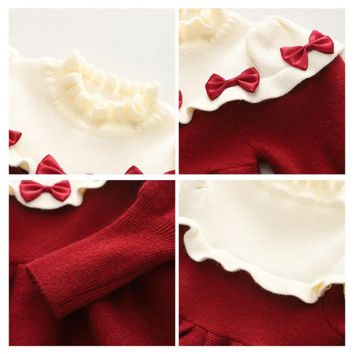 Rochie pulover rosie cu guler barcuta alb si fundite adorabile [4]