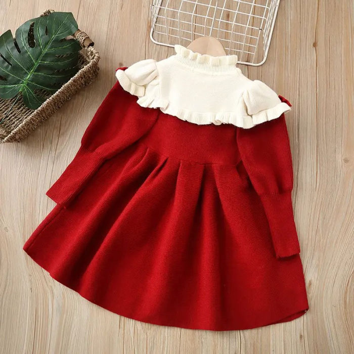 Rochie pulover rosie cu guler barcuta alb si fundite adorabile [2]