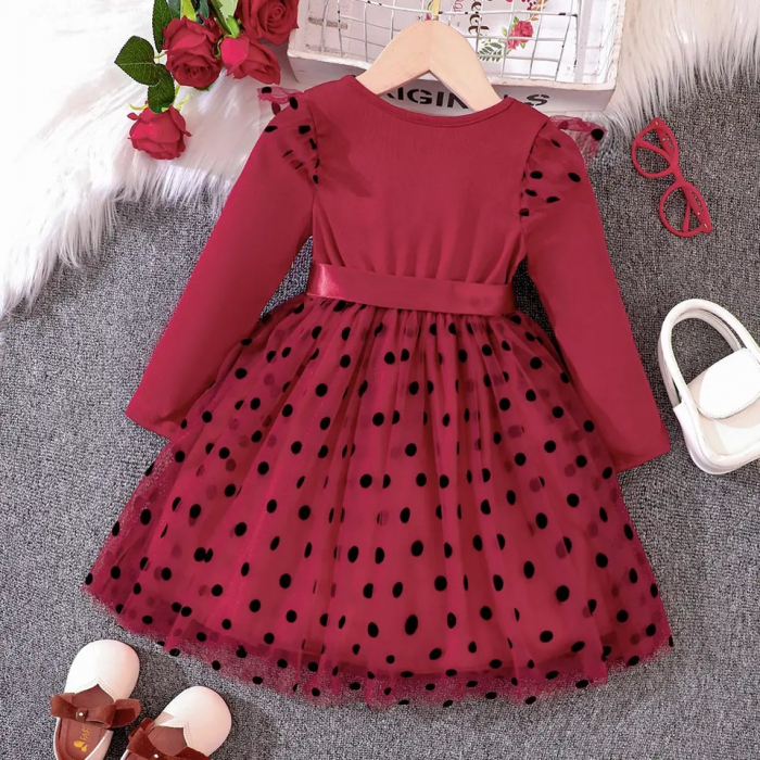 Rochie rosie cu buline, tulle si fundita in talie [2]