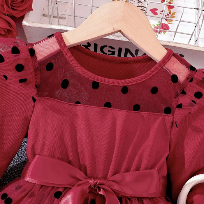 Rochie rosie cu buline, tulle si fundita in talie [3]