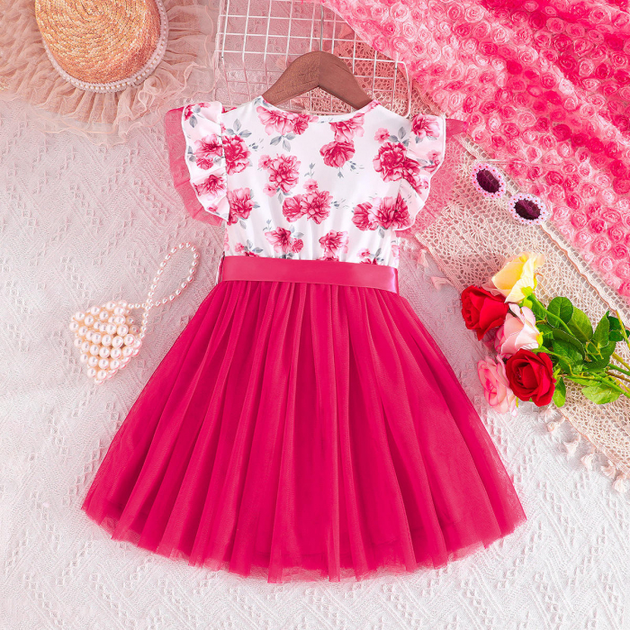 Rochie cu floricele si fusta din tulle fucsia [2]