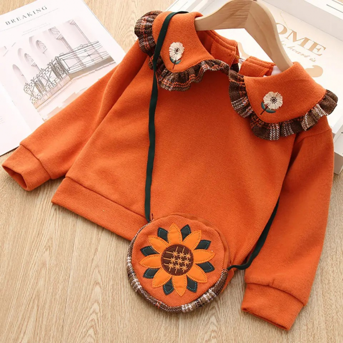 Set bluza portocalie cu guler si fusta cu carouri plus gentuta inclusa [1]