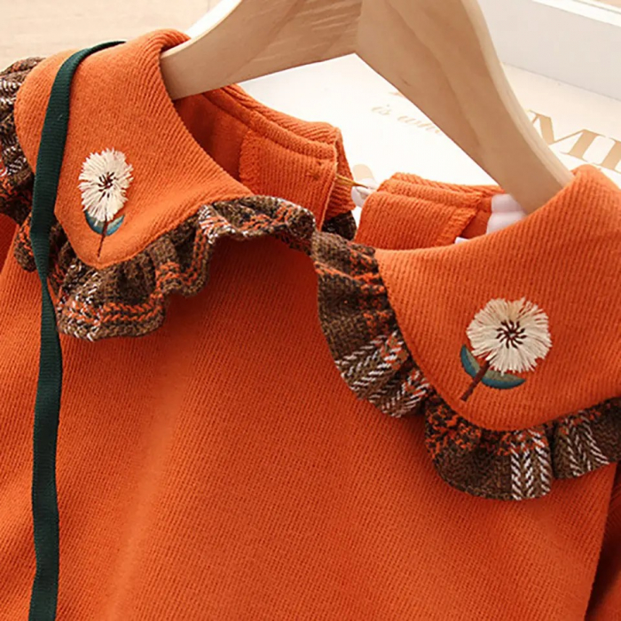 Set bluza portocalie cu guler si fusta cu carouri plus gentuta inclusa [3]