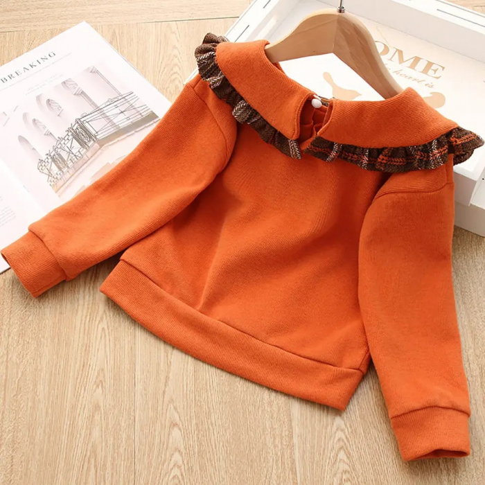 Set bluza portocalie cu guler si fusta cu carouri plus gentuta inclusa [5]