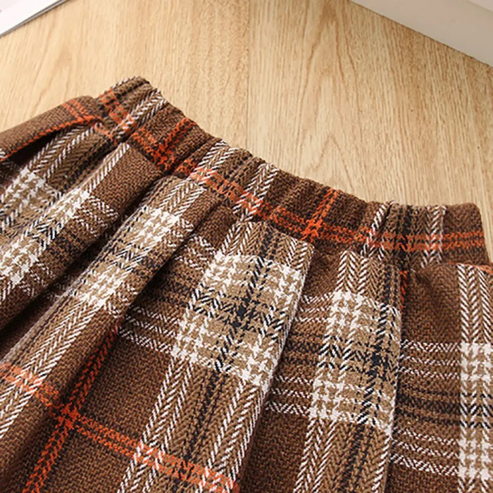 Set bluza portocalie cu guler si fusta cu carouri plus gentuta inclusa [6]
