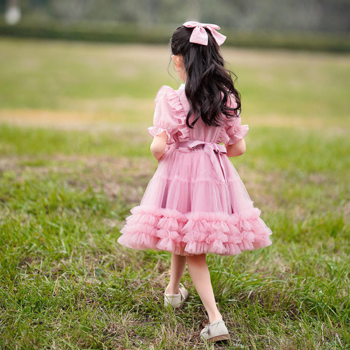 Rochie roz cu tulle, volane si funda alba [3]
