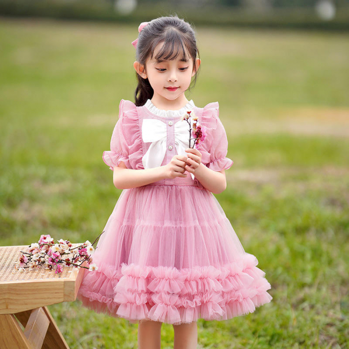 Rochie roz cu tulle, volane si funda alba [2]