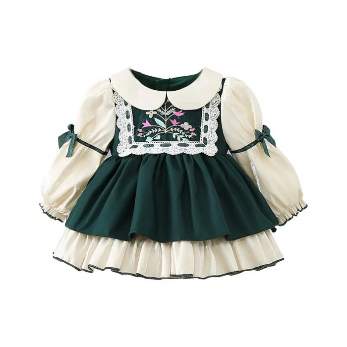 Rochie verde cu volane albe, dantela si floricele brodate [3]