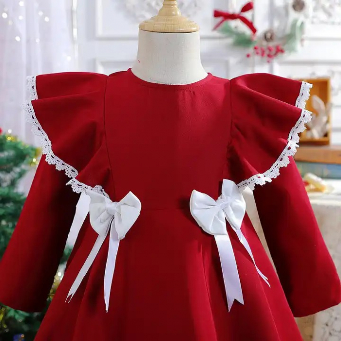 Rochie bordo cu fundite, volane si broderie [4]