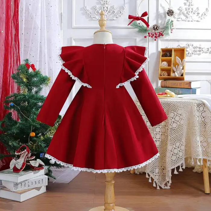 Rochie bordo cu fundite, volane si broderie [2]
