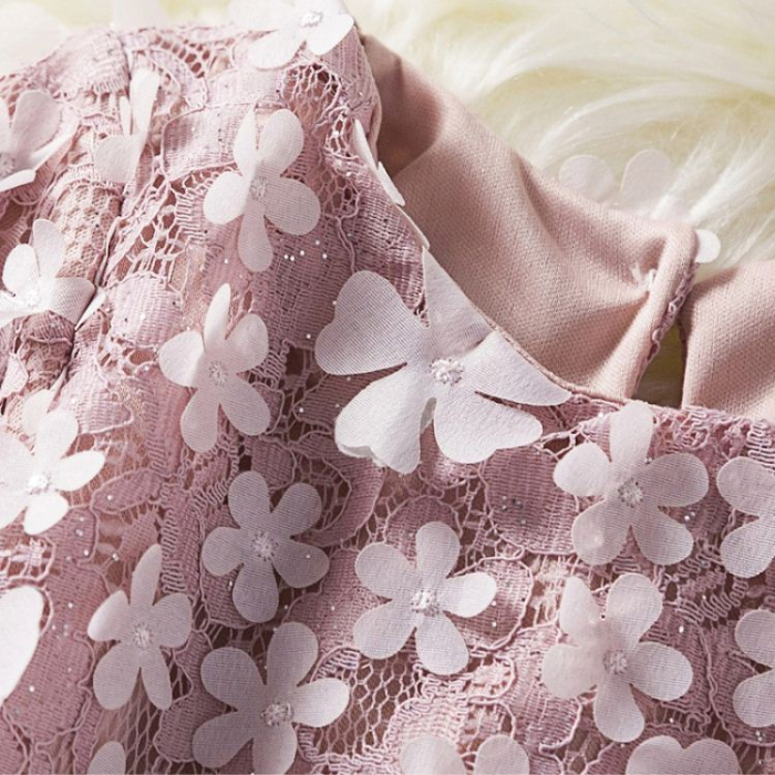Rochie elegantă roz cu dantelă, flori aplicate și tulle [2]