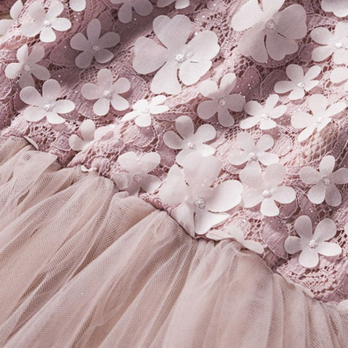 Rochie elegantă roz cu dantelă, flori aplicate și tulle [3]