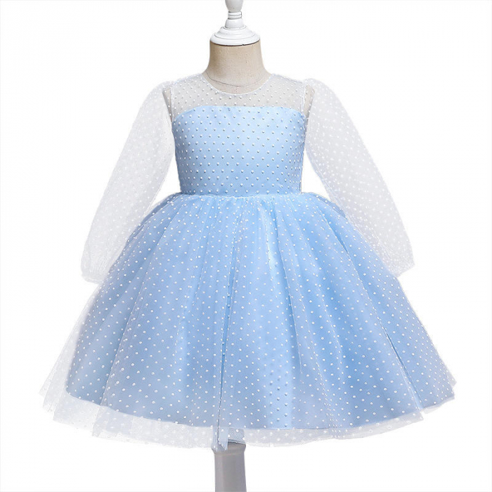 Rochie eleganta bleu cu bulinute, maneci transparente si fusta din tulle [3]