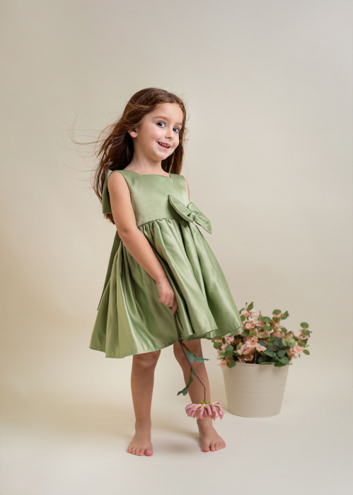Rochie fete din tafta Verde, de Ocazie, Eleganta cu Funda detașabilă, Charlotte [5]