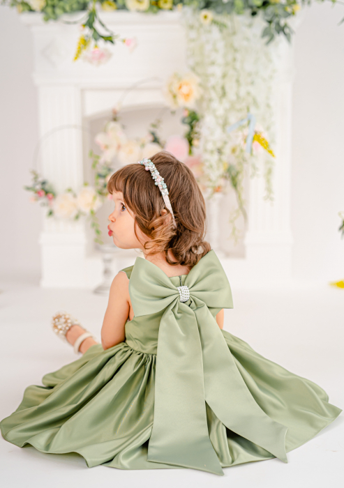 Rochie fete din tafta Verde, de Ocazie, Eleganta cu Funda detașabilă, Charlotte [7]