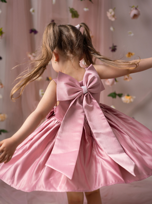 Rochie fete din tafta roz, de Ocazie, Eleganta cu Funda detașabilă, Charlotte [3]