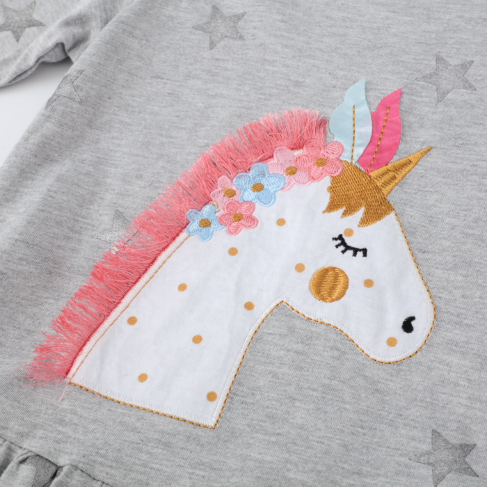 Rochie cu mânecă lungă cu unicorn, steluțe și volan în partea de jos [4]