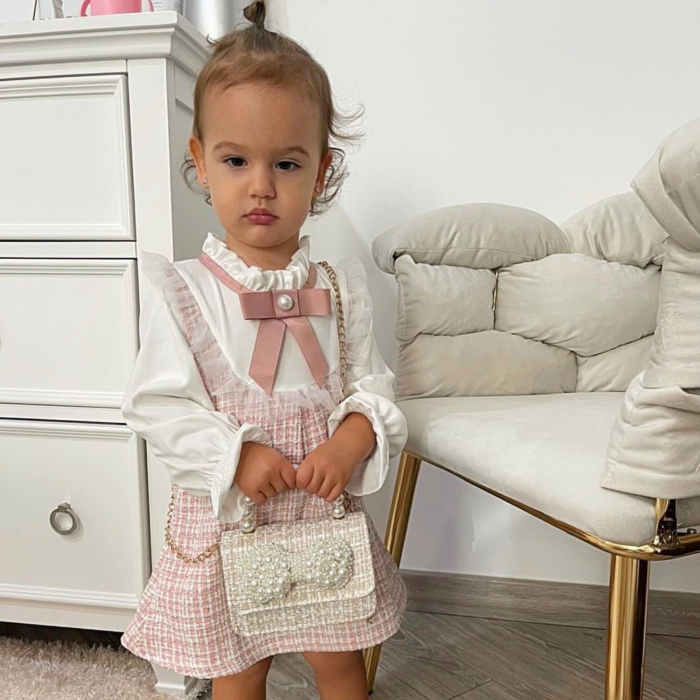 Rochie fete Roz din Tweed cu Maneci din Bumbac [5]