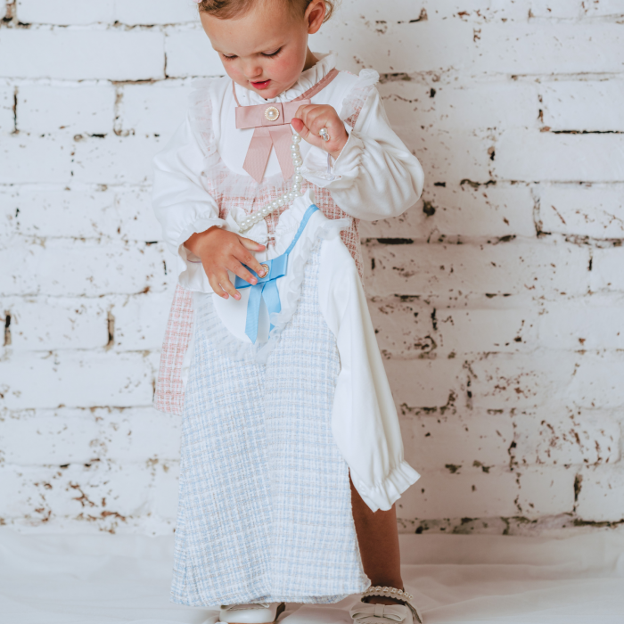 Rochie fete Bleu din Tweed cu Maneci din Bumbac [2]