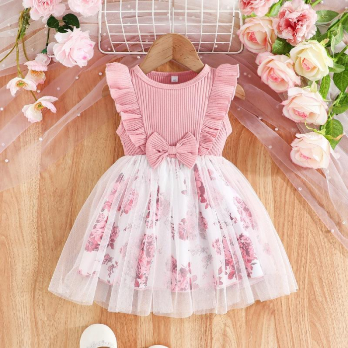 Rochie roz cu volane, fundita si tulle cu floricele [1]