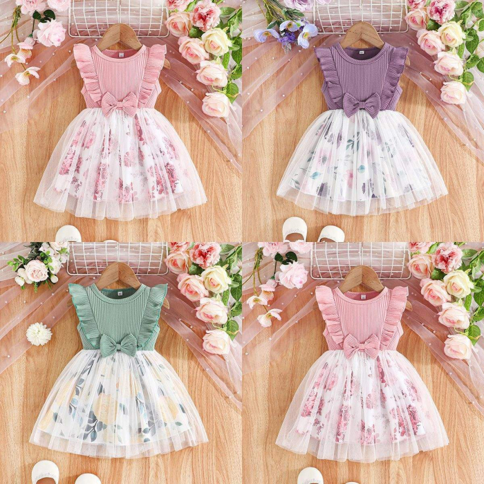 Rochie roz cu volane, fundita si tulle cu floricele [2]